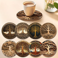 8-Pack Tree of Life Wooden Coasters, 9.98cm, Heat-Resistant, Colorful Design, for Drinks, Tea, Coffee, Home & Restaurant Decor, Ideal Gift, Hand Wash Only