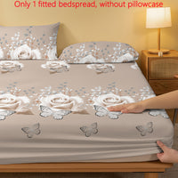 Modern Floral Butterfly Pattern Quilted Fitted Sheet, 100% Polyester, Active Print, Lightweight Fabric 80-85g, Up to 29cm Mattress Depth, Machine Washable - Single Fitted Bedspread without Pillowcase