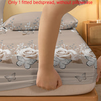 Modern Floral Butterfly Pattern Quilted Fitted Sheet, 100% Polyester, Active Print, Lightweight Fabric 80-85g, Up to 29cm Mattress Depth, Machine Washable - Single Fitted Bedspread without Pillowcase