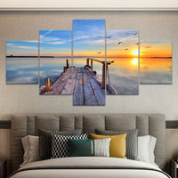 Wooden Framed Canvas, Sunrise Scenery At The Dock - 5pcs