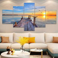 Wooden Framed Canvas, Sunrise Scenery At The Dock - 5pcs