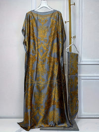 Elegant Graphic Print Boat Neck Abaya with Batwing Sleeves & Scarf - Loose Fit, Polyester, Perfect for Spring/Summer - Women's Traditional Dress