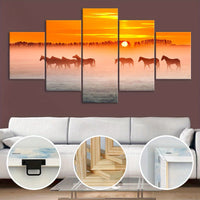 Wooden Framed Canvas, Horses In The Morning Mist - 5pcs