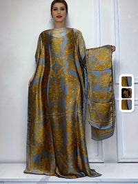 Elegant Graphic Print Boat Neck Abaya with Batwing Sleeves & Scarf - Loose Fit, Polyester, Perfect for Spring/Summer - Women's Traditional Dress
