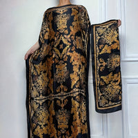 Elegant Graphic Print Boat Neck Abaya with Batwing Sleeves & Scarf - Loose Fit, Polyester, Perfect for Spring/Summer - Women's Traditional Dress