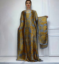 Elegant Graphic Print Boat Neck Abaya with Batwing Sleeves & Scarf - Loose Fit, Polyester, Perfect for Spring/Summer - Women's Traditional Dress