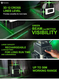 Pracmanu Mini Laser Level 12 Lines 3D level Self-Leveling 360° Horizontal and Vertical Cross Green Laser Beam Lines