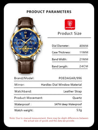 POEDAGAR Luxury Watch for Man Sports Leather Men Quartz Watch Waterproof Luminous Chronograph Men's Watches Male Clock Reloj+box