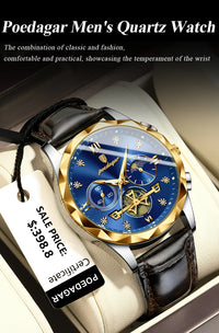 POEDAGAR Luxury Watch for Man Sports Leather Men Quartz Watch Waterproof Luminous Chronograph Men's Watches Male Clock Reloj+box