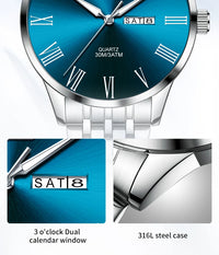 OLEVS Business Minimalist Stainless Steel Watch Man Luxury Luminous Hands Roman Scale Calendar Waterproof Quartz Watches for Men