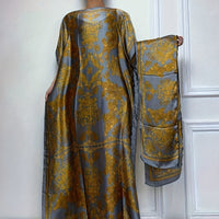 Elegant Graphic Print Boat Neck Abaya with Batwing Sleeves & Scarf - Loose Fit, Polyester, Perfect for Spring/Summer - Women's Traditional Dress