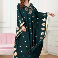 Elegant Floral Print Maxi Kaftan Dress with Golden Accents - V-Neck, Long Sleeve, Polyester - Machine Washable - Perfect for All Seasons