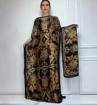 Elegant Graphic Print Boat Neck Abaya with Batwing Sleeves & Scarf - Loose Fit, Polyester, Perfect for Spring/Summer - Women's Traditional Dress