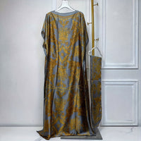 Elegant Graphic Print Boat Neck Abaya with Batwing Sleeves & Scarf - Loose Fit, Polyester, Perfect for Spring/Summer - Women's Traditional Dress