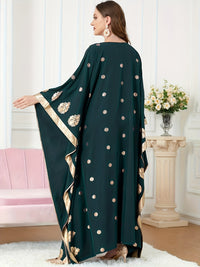 Elegant Floral Print Maxi Kaftan Dress with Golden Accents - V-Neck, Long Sleeve, Polyester - Machine Washable - Perfect for All Seasons