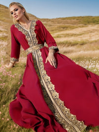Ramadan Lace Trim V Neck Kaftan, Elegant Long Sleeve Maxi Dress, Women's Clothing