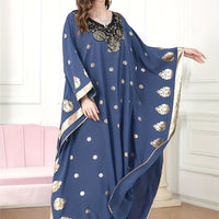 Elegant Floral Print Maxi Kaftan Dress with Golden Accents - V-Neck, Long Sleeve, Polyester - Machine Washable - Perfect for All Seasons
