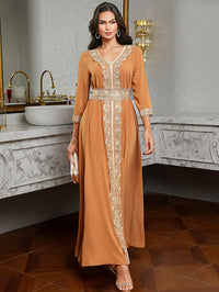 Ramadan Lace Trim V Neck Kaftan, Elegant Long Sleeve Maxi Dress, Women's Clothing