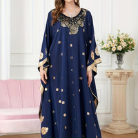 Elegant Floral Print Maxi Kaftan Dress with Golden Accents - V-Neck, Long Sleeve, Polyester - Machine Washable - Perfect for All Seasons