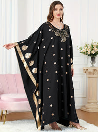 Elegant Floral Print Maxi Kaftan Dress with Golden Accents - V-Neck, Long Sleeve, Polyester - Machine Washable - Perfect for All Seasons