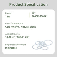 Modern 6-Ring LED Ceiling Light Fixture, Dimmable Flush Mount Indoor Lighting with Remote Control, Minimalist Design for Living Room, Bedroom, Office, Kitchen - 85V-265V Hardwired LED Lights