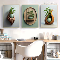 Wood Carving Ceramic Green Plant Potted Flower Canvas