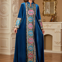 Women's Autumn and Winter Fashion V-Neck Elegant Retro Patchwork Solid Color Loose Arabic Long Dress