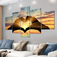 Contemporary Canvas Wall Art Set, Sunset Love Heart Hand Silhouette - 5pcs