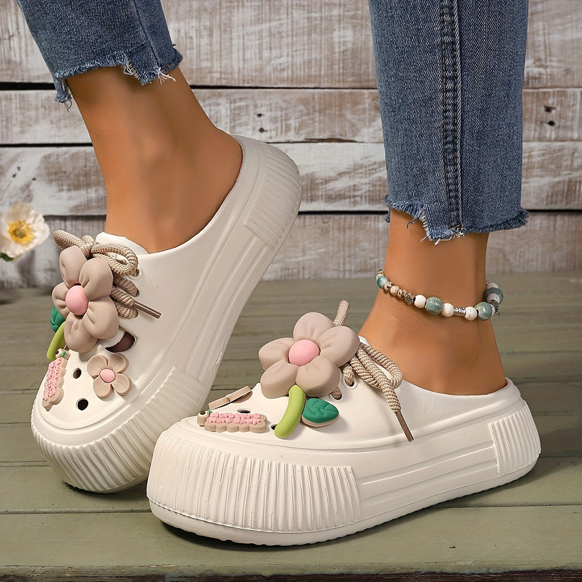 Women's Flower Decor Clogs, Casual Hollow Out Design Garden Shoes, Comfortable Slip On Beach Shoes