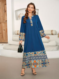 Ramadan Ethnic Print Color Block Kaftan, Elegant Notched Neck Long Sleeve Loose Maxi Length Dress, Women's Clothing