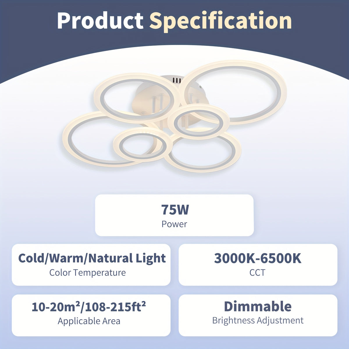 LED Ceiling Light Fixture, 6 Rings Flush Mount Ceiling Light Dimmable 78.74cm 75W Remote Control Dimmable 3000K-6500K, for Living Room, Kitchen, Bedroom, Office, IH-YH4