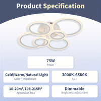 LED Ceiling Light Fixture, 6 Rings Flush Mount Ceiling Light Dimmable 78.74cm 75W Remote Control Dimmable 3000K-6500K, for Living Room, Kitchen, Bedroom, Office, IH-YH4