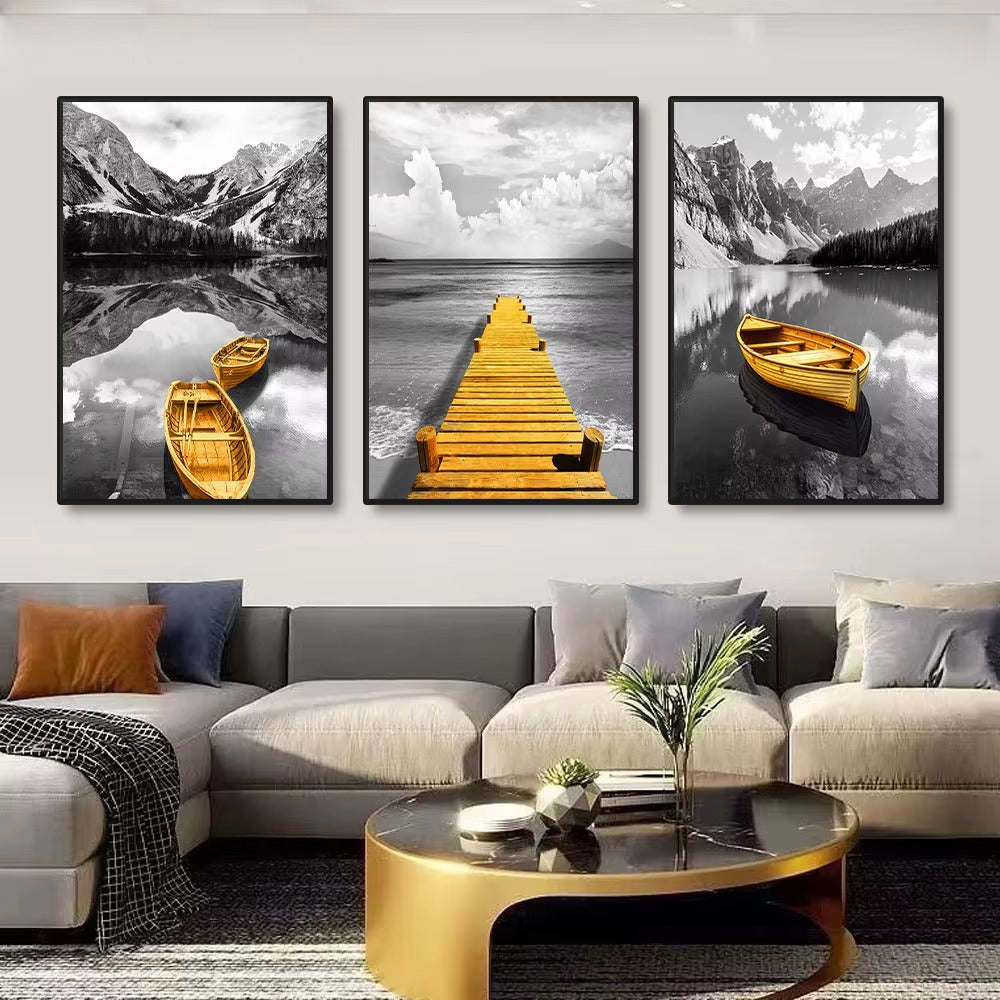 Frameless Canvas Prints - Yellow Boat on Lake & Golden Wooden Bridge - 3pcs Set