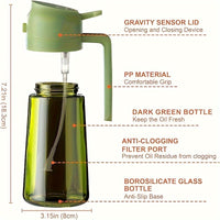 Kitchen Glass Olive Oil Dispenser, 2-in-1 Oil Bottle and Cooking Sprayer, Auto Flip Cap, 16oz Olive Green (Light Blocking) with Label Stickers