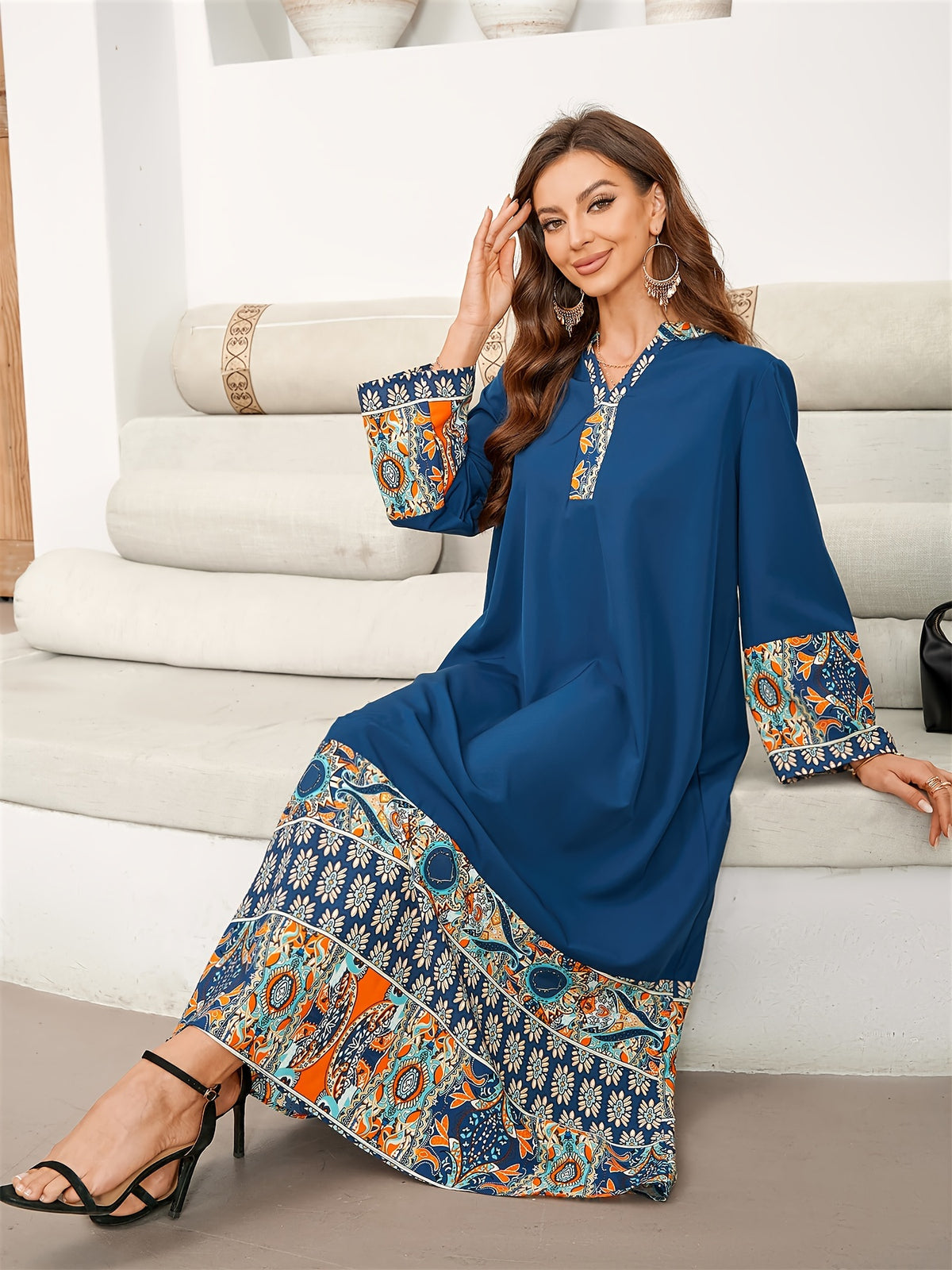 Ramadan Ethnic Print Color Block Kaftan, Elegant Notched Neck Long Sleeve Loose Maxi Length Dress, Women's Clothing