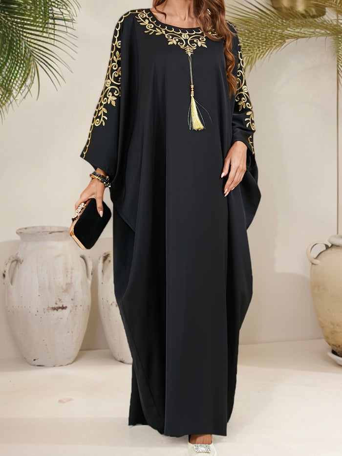 Plus Size Floral Pattern Tassel Decor Kaftan Dress, Elegant Crew Neck Batwing Sleeve Dress, Women's Plus Size Clothing