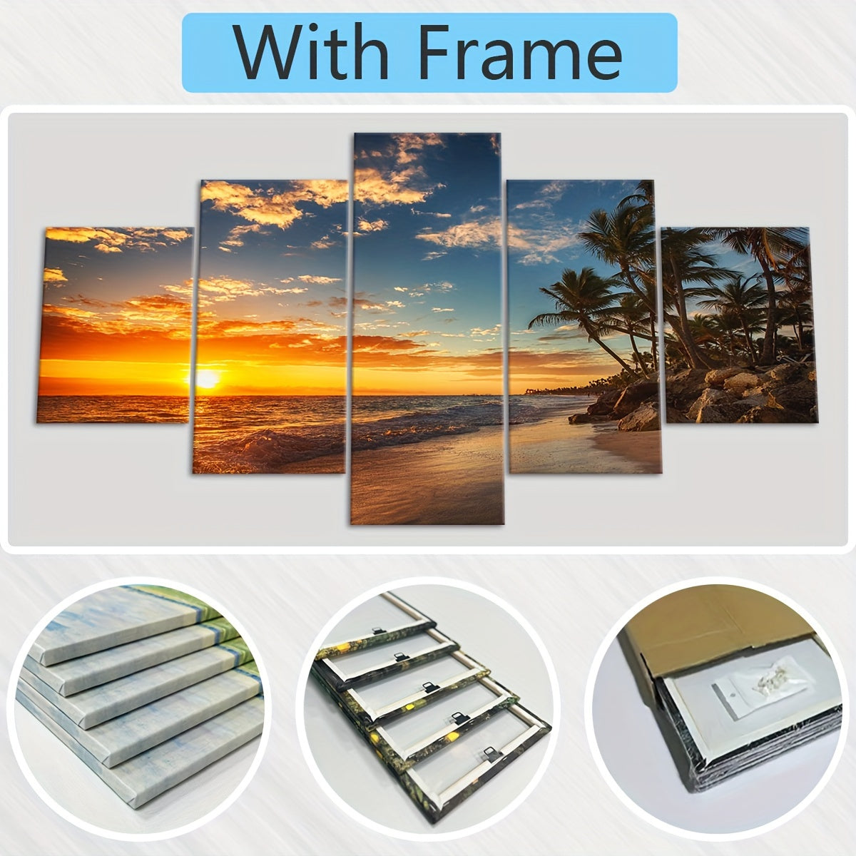 Wooden Framed Canvas Poster, Sunset Sea View Beach Coconut Trees Canvas - 5pcs/set