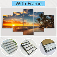 Wooden Framed Canvas Poster, Sunset Sea View Beach Coconut Trees Canvas - 5pcs/set