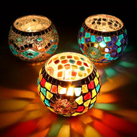 Set of 3 Glamorous Handcrafted Turkish Moroccan Mosaic Glass Candle Holders - Lacquered Finish Tabletop Candle Bowls for Romantic Dinners, Home Decor, and Multicultural Festivities Including Christmas, Hanukkah, Ramadan, and