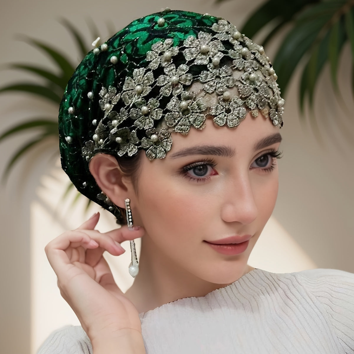 Elegant Jacquard Polyester Headscarf with Pearl Embellishments