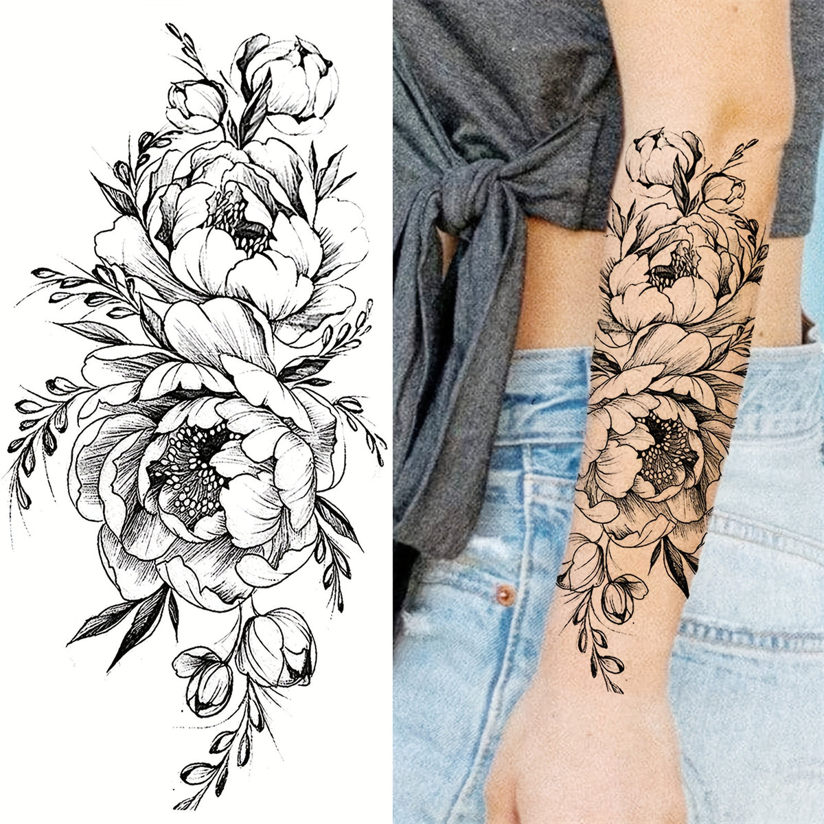 Realistic Black Peony Flower Temporary Tattoo Sticker