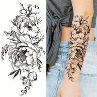 Realistic Black Peony Flower Temporary Tattoo Sticker