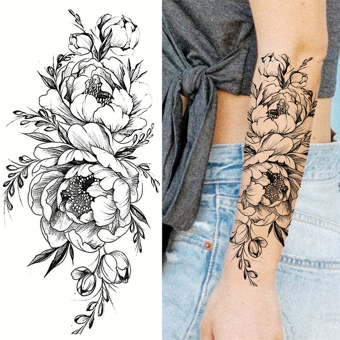 Realistic Black Peony Flower Temporary Tattoo Sticker