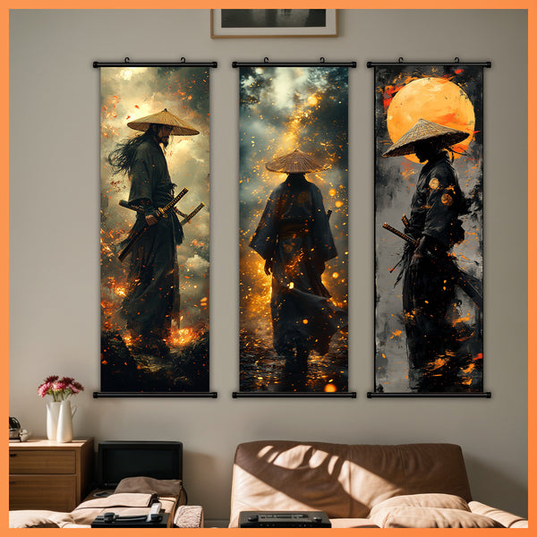 3 Hanging Scroll Painting Set, Japanese Samurai And Flame - 3Pcs