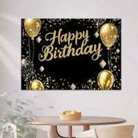 Luxury Black & Golden Happy Birthday Backdrop, Polyester Party Decor with Diamond Balloons & Sparkles, Versatile Indoor/Outdoor Celebration Banner for Weddings, Birthdays & More, No Electricity Needed