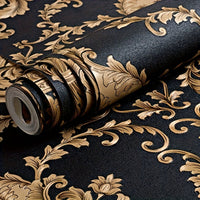 Luxury Black & Golden 3D Damask Embossed Wallpaper