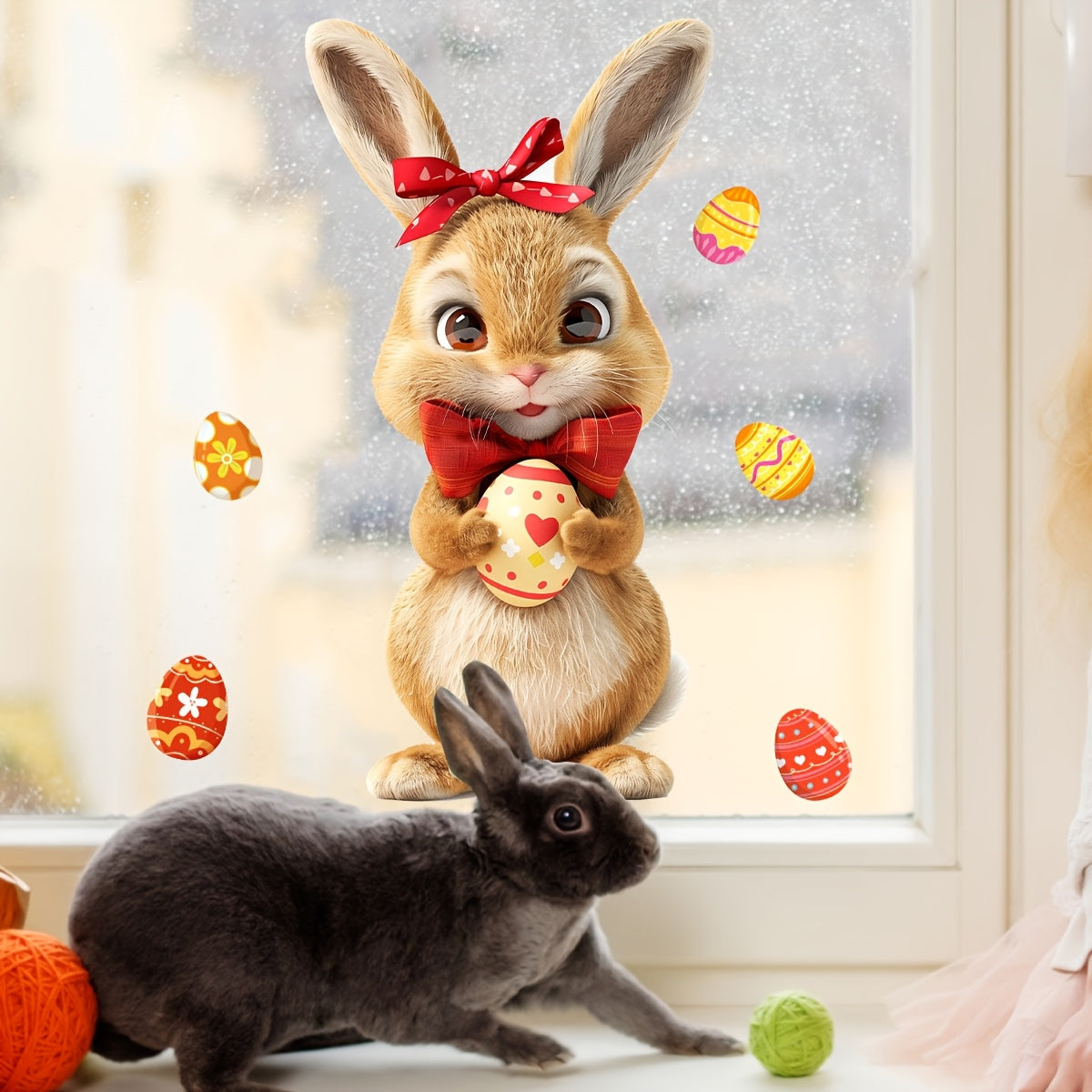 Easter Bunny & Egg Double-Sided Electrostatic Glass Window Cling