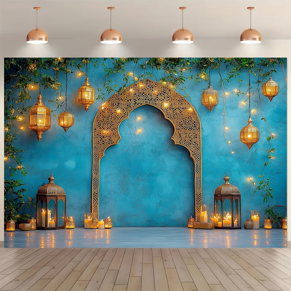1pc Elegant Blue Moroccan Nights Backdrop - Durable Polyester with Intricate Middle Eastern Design, Ideal for Weddings, Travel & Events - Featuring Lanterns, Candles & Festive Decor