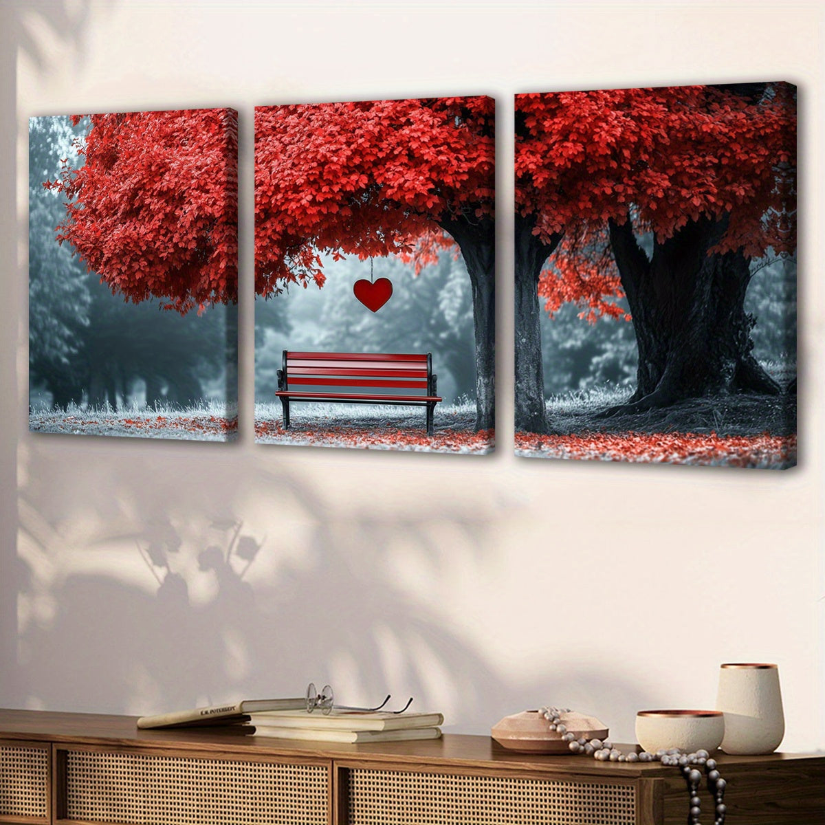 Wooden Framed Canvas, Abstract Red TREE Fashion Art Decorations - 3pcs