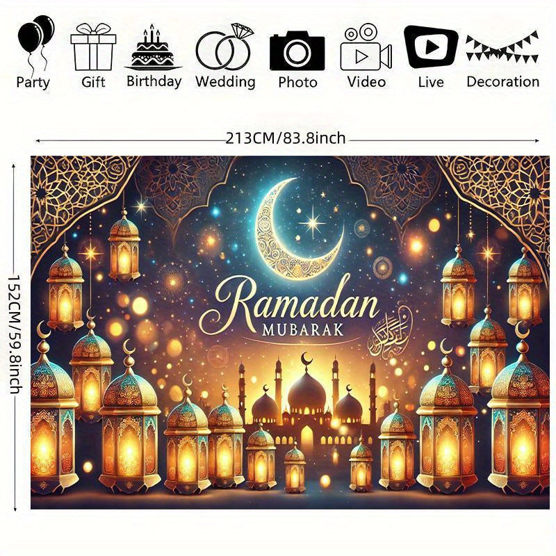 1pc Ramadan Mubarak Night Sky Backdrop - Elegant Crescent Moon & Lanterns Design, Reusable Polyester Party Banner for Indoor/Outdoor Eid Celebrations, Spring & Summer Festive Decor, Festive Backdrop | Elegant Lettering Design